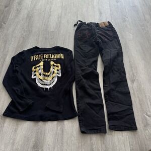True Religion Jeans Boys 10-12 Black Straight Leg Adjustable Waist & Longsleeve